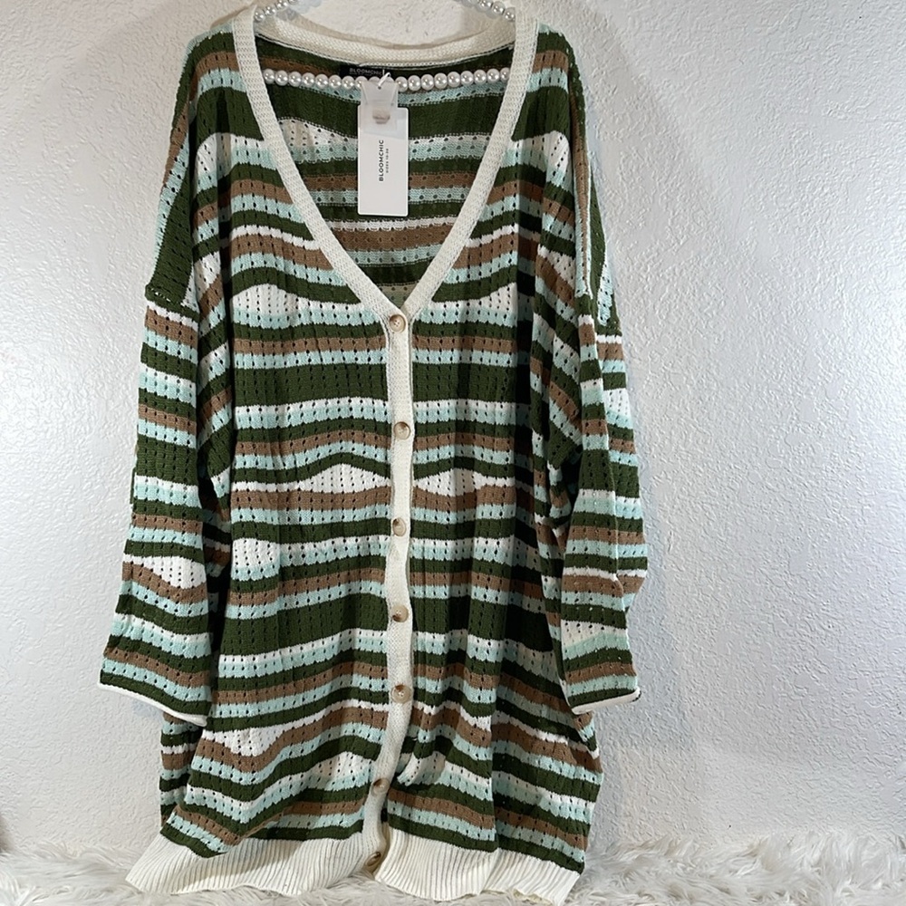 BLOOMCHIC Striped Contrast Button Up Hollow Out Cardigan Size 5X NEW - Picture 4 of 16
